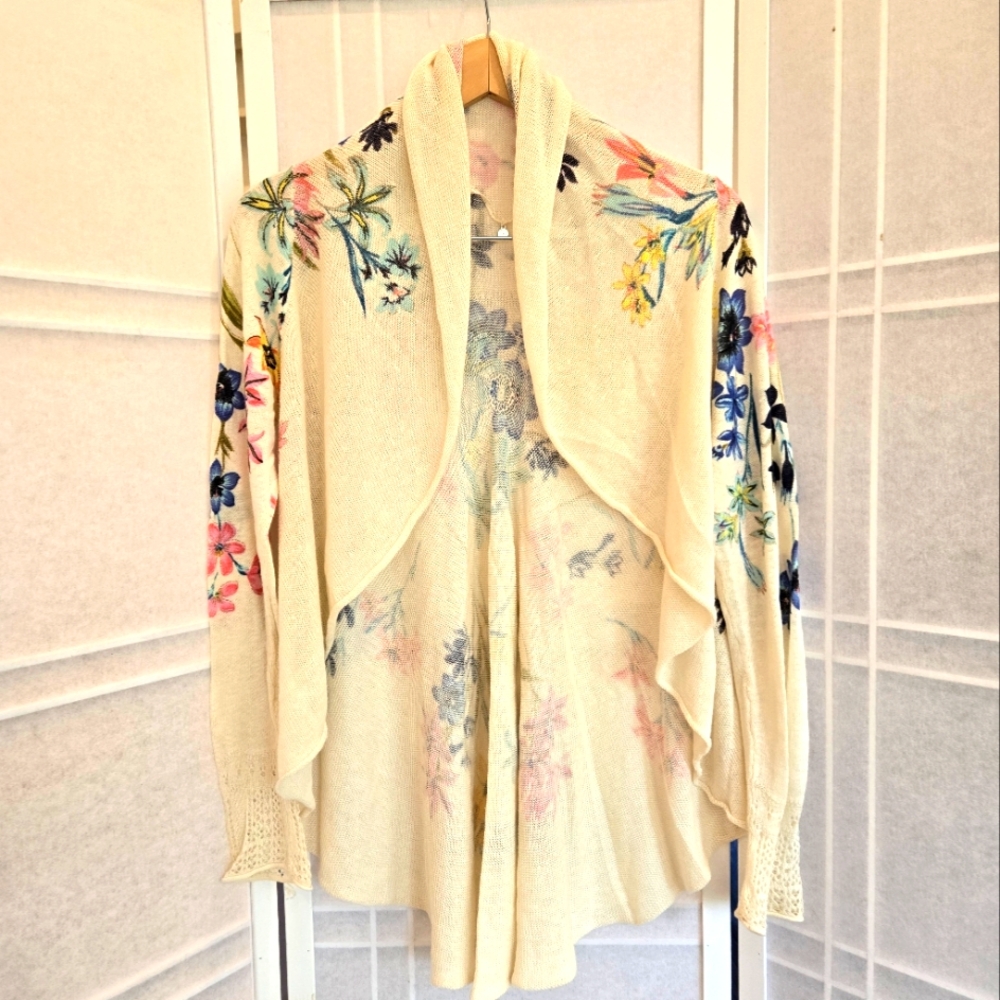 Anthropologie Knitted and knotted cream floral cardigan linen cotton blend